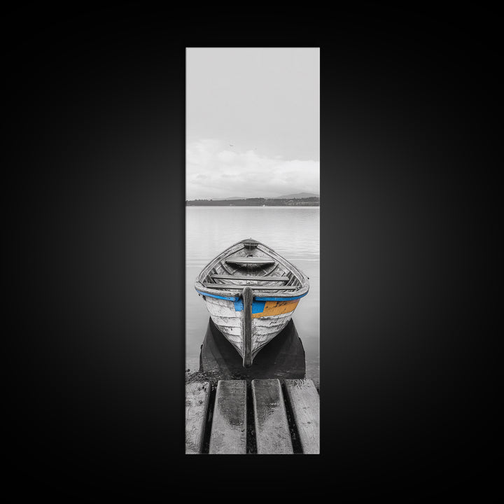 Rowboat Front, Calm Water, Lake Stillness, Serene View, Framed Canvas Print, Nautical Decor, Minimalist Art, Coastal Living Room