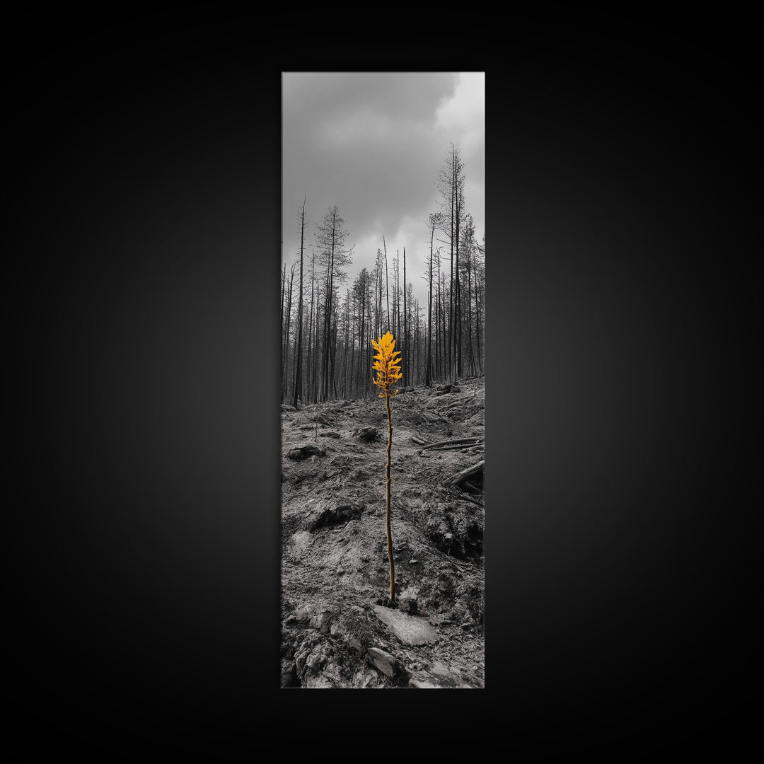 Lone Sprout, Forest Renewal, Emotional Nature Scene, Moody Landscape Art, Framed Canvas Print, Autumn Wall Decor, Rustic Nature Style