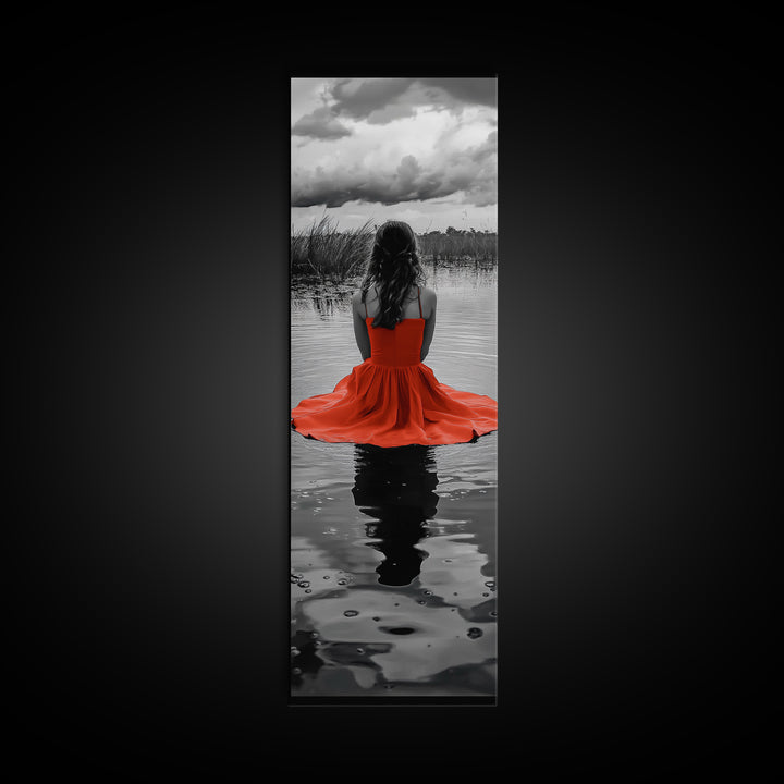 Woman in Red, Serene Lake, Moody Reflections, Dramatic Art Scene, Canvas Print, Bedroom Wall Art, Romantic Decor, Adventure Themed Ar