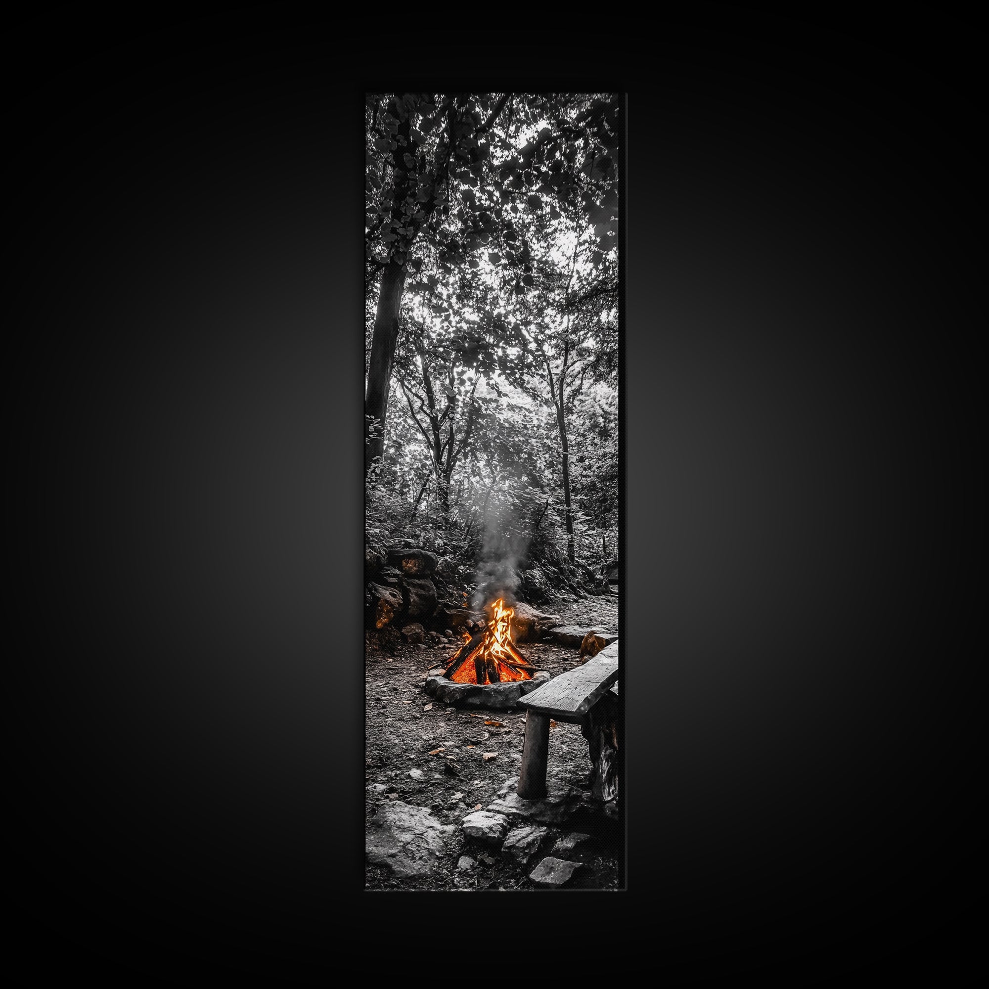 Forest Firepit, Glowing Flames, Wilderness Night, Framed Canvas Print, Camping Wall Art, Rustic Fall Decor, Cabin Living Style