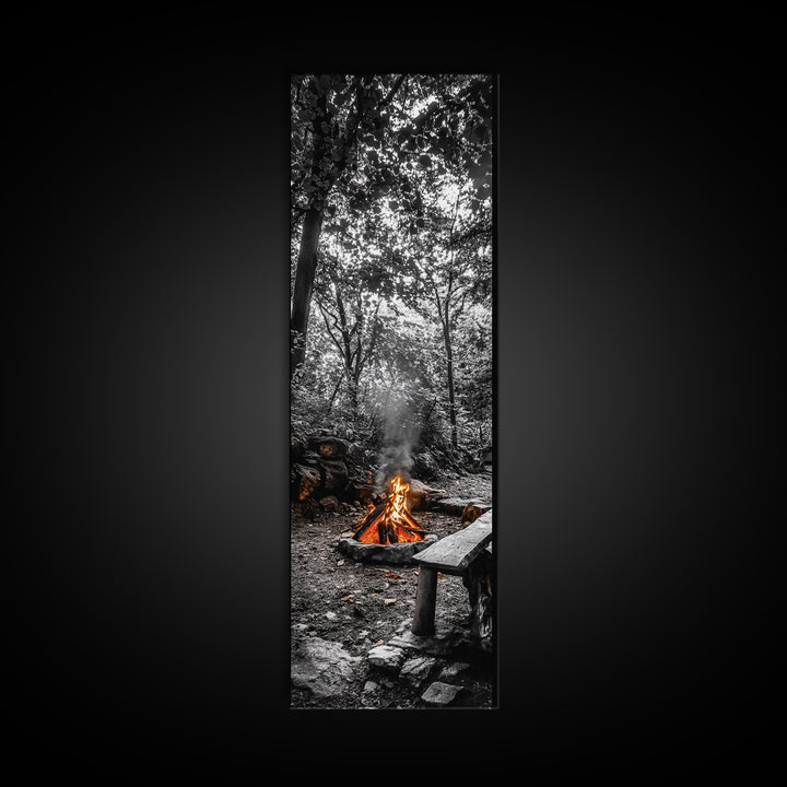 Forest Firepit, Glowing Flames, Wilderness Night, Framed Canvas Print, Camping Wall Art, Rustic Fall Decor, Cabin Living Style