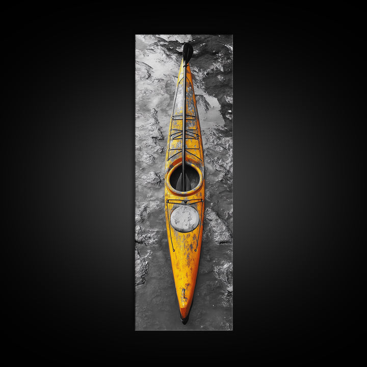 Yellow Kayak, Muddied Shoreline, Solo Adventure, Framed Canvas Print, Rustic Outdoors Decor, Autumn Wall Art, Boho Kayaking Style