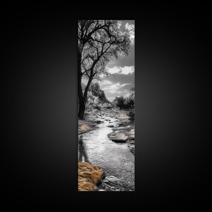 Desert Creek, Rocky Stream, Black and White Nature, Framed Canvas Print, Minimalist Southwest Art, Bedroom Decor, Monochrome Landscape