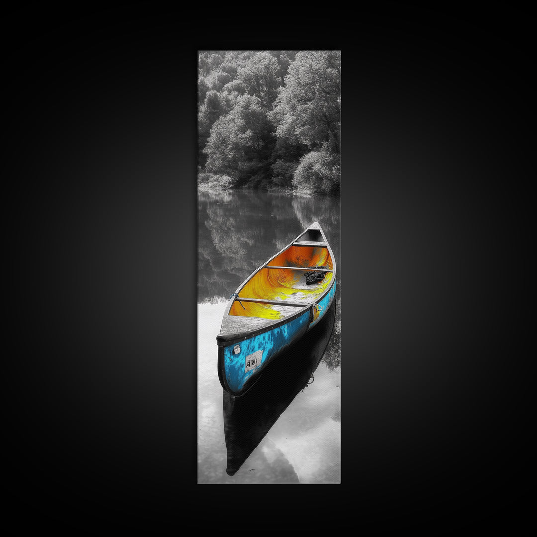 Blue and Yellow Canoe, Calm River Reflections, Rustic Boat Scene, Framed Canvas Print, Autumn Wall Art, Nature Inspired Decor