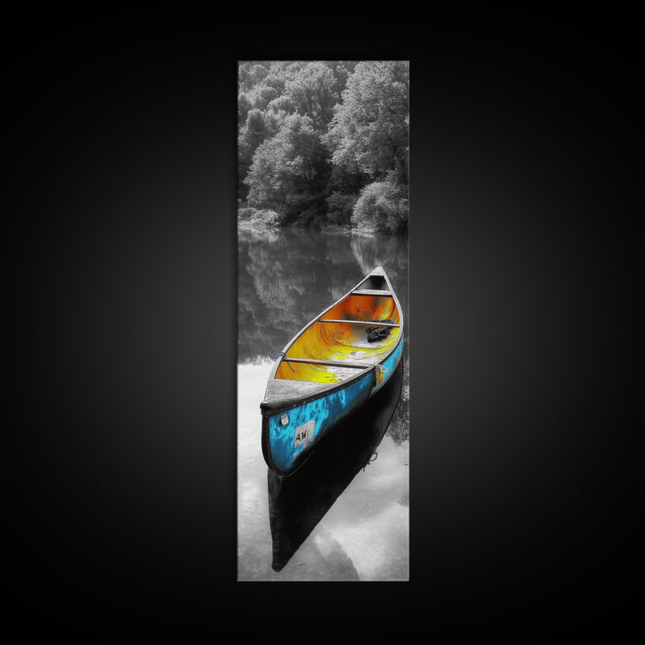 Blue and Yellow Canoe, Calm River Reflections, Rustic Boat Scene, Framed Canvas Print, Autumn Wall Art, Nature Inspired Decor