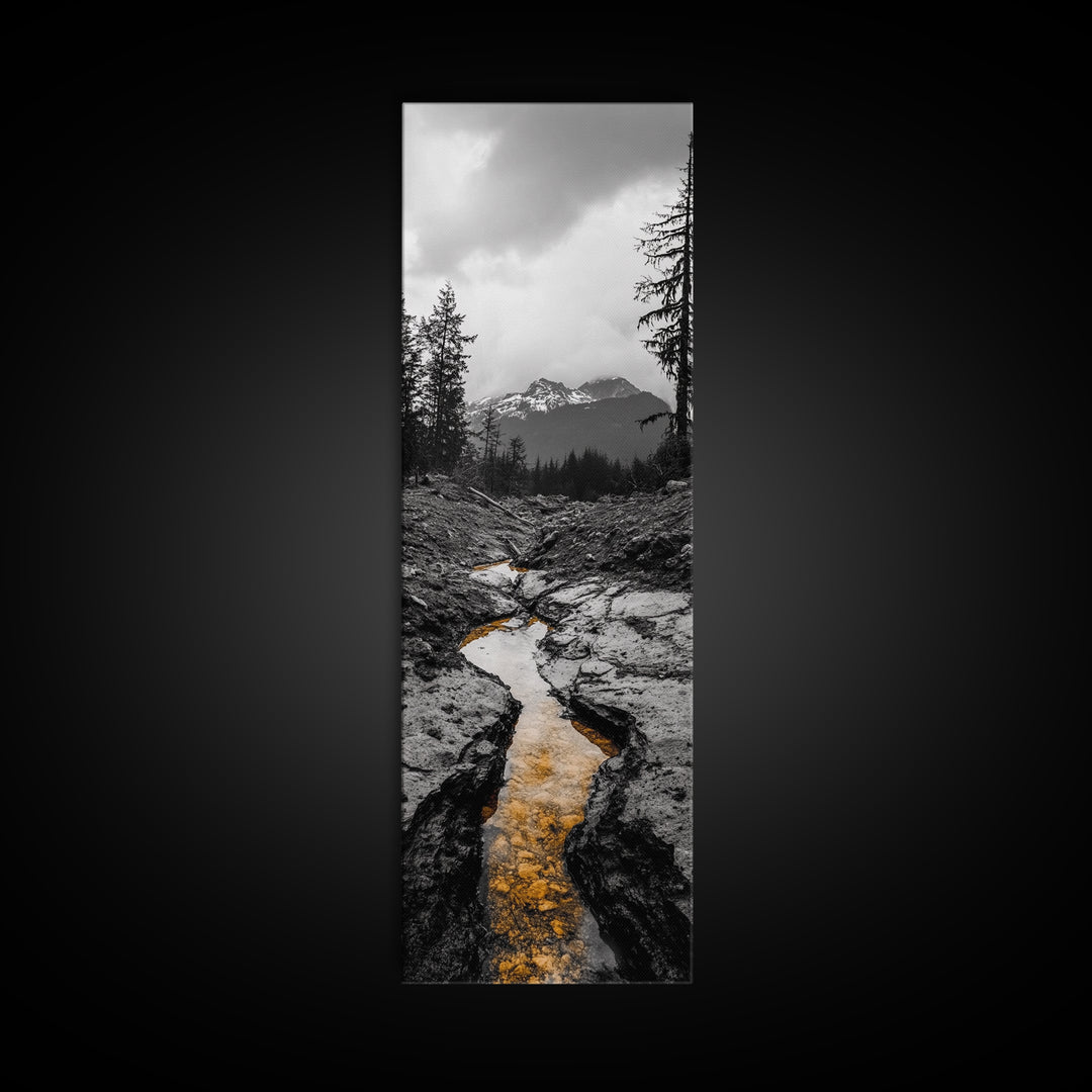 Mountain Creek Flow, Moody Nature Stream, Rustic Adventure Scene, Canvas Print, Autumn Forest Wall Art, Lodge Style Bedroom Decor