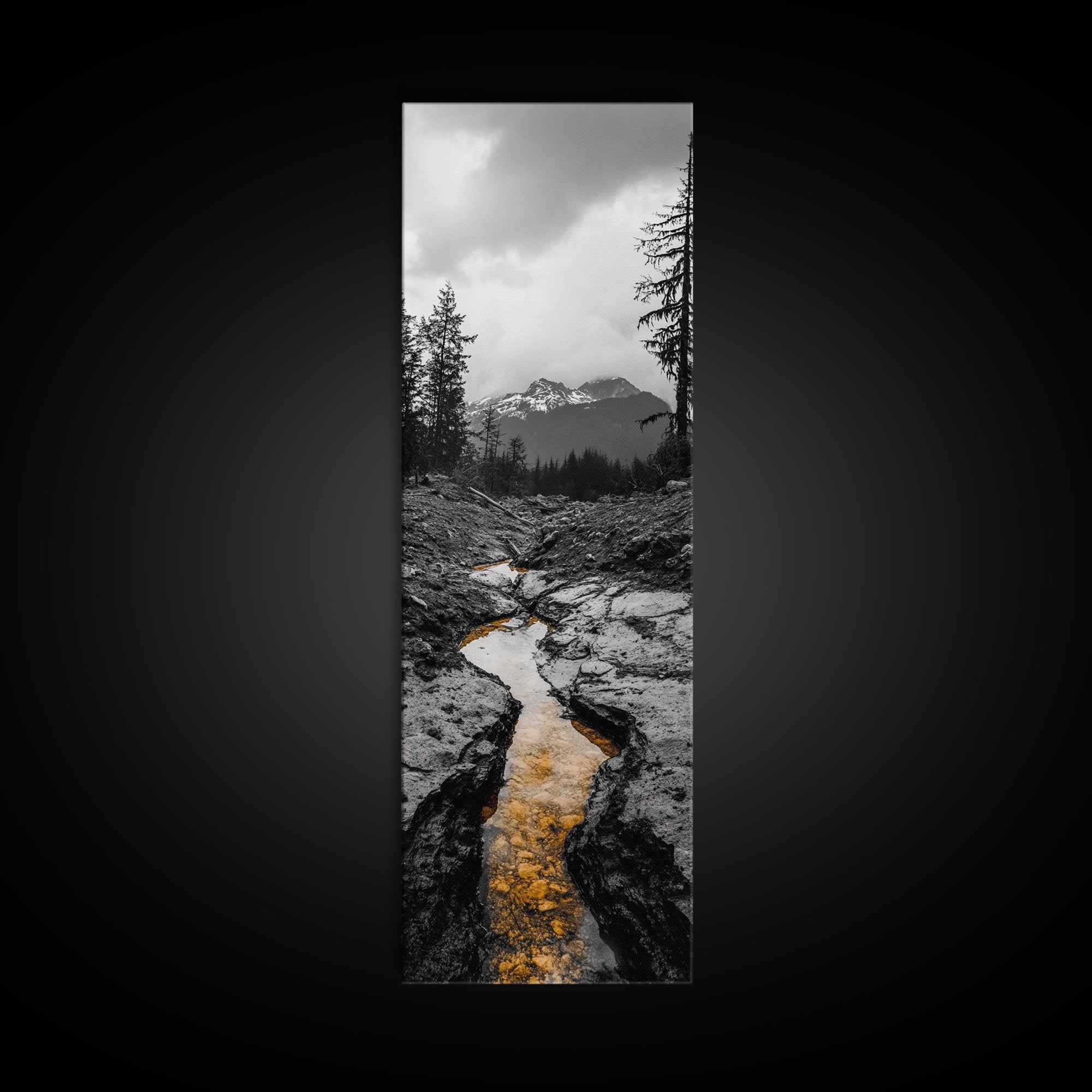 Mountain Creek Flow, Moody Nature Stream, Rustic Adventure Scene, Canvas Print, Autumn Forest Wall Art, Lodge Style Bedroom Decor