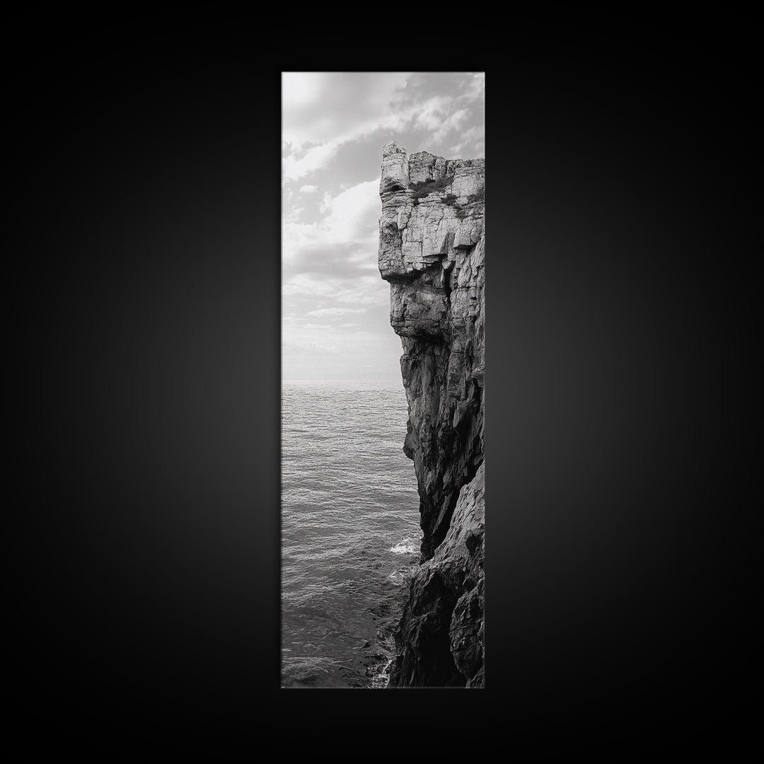 Ocean Cliff Edge, Rugged Coastline Art, Black White Landscape Print, Framed Canvas Print, Modern Seaside Office Wall Decor, Moody Landscape