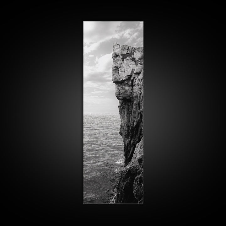 Ocean Cliff Edge, Rugged Coastline Art, Black White Landscape Print, Framed Canvas Print, Modern Seaside Office Wall Decor, Moody Landscape