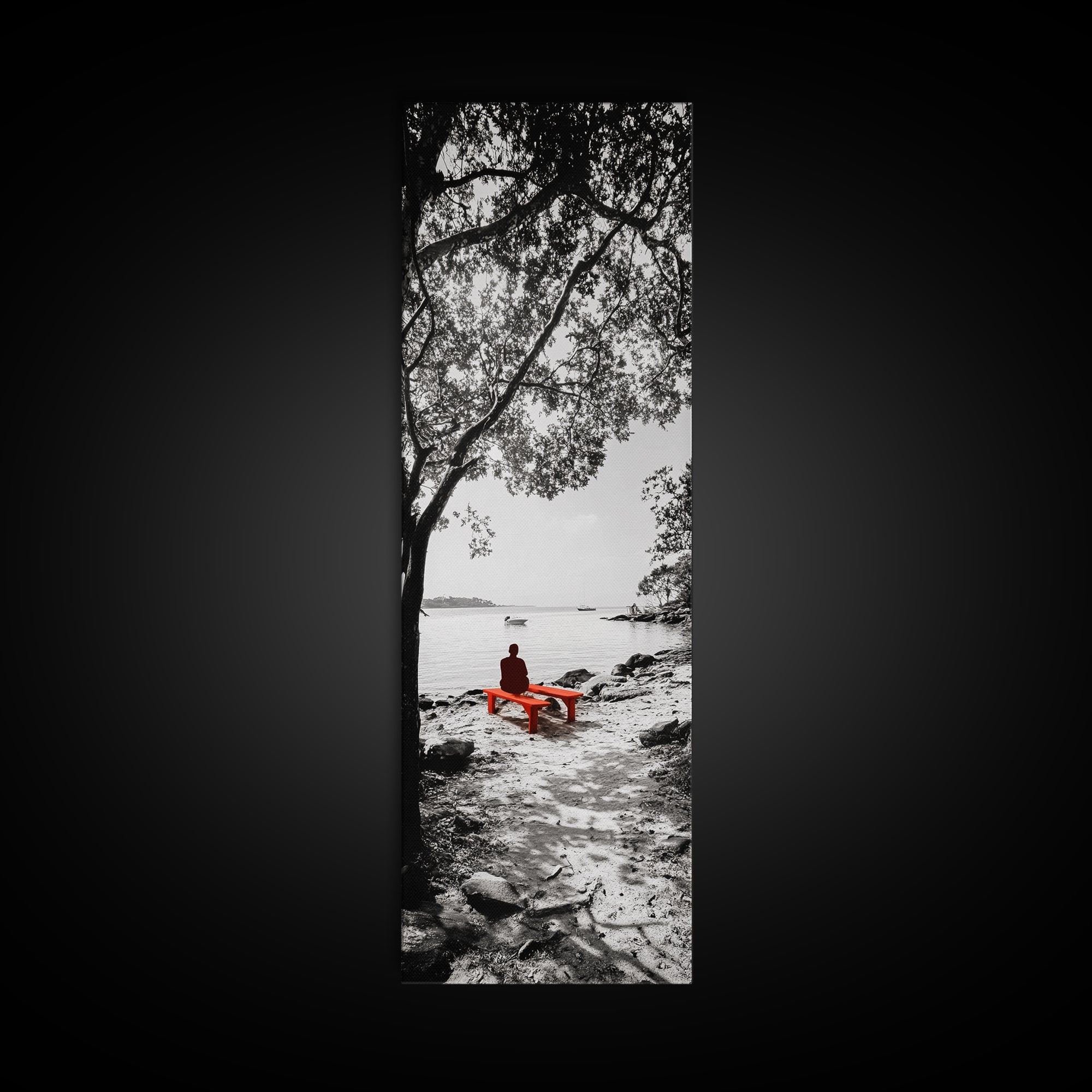 Lonely Figure, Red Bench, Reflective Scene, Peaceful Beach Wall Art, Framed Canvas Print, Black and White Photography, Zen Room Decor
