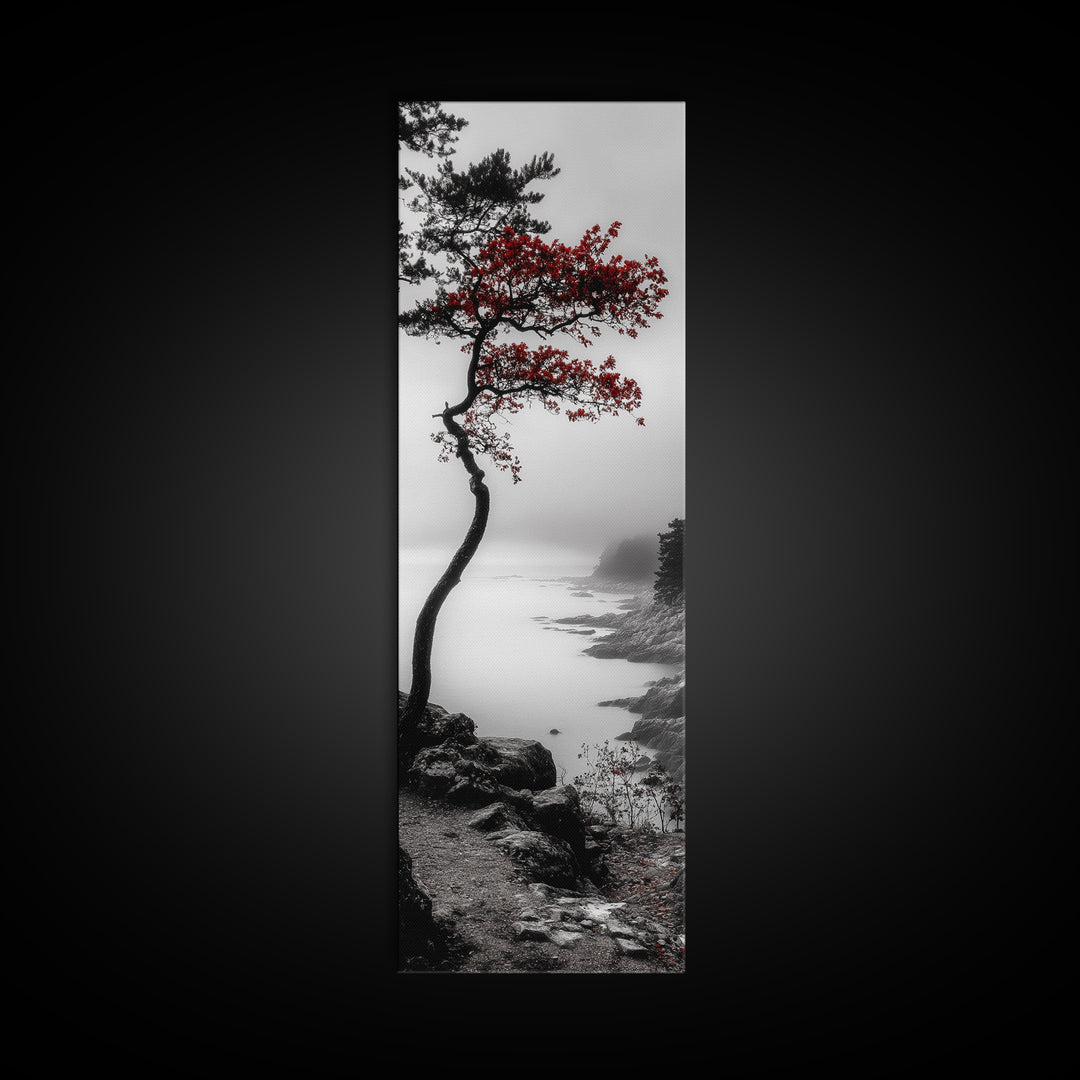 Curved Tree, Foggy Coastline, Red Leaves, Moody Nature Canvas Print, Autumn Landscape, Bedroom Wall Art, Minimalist Earthy Decor