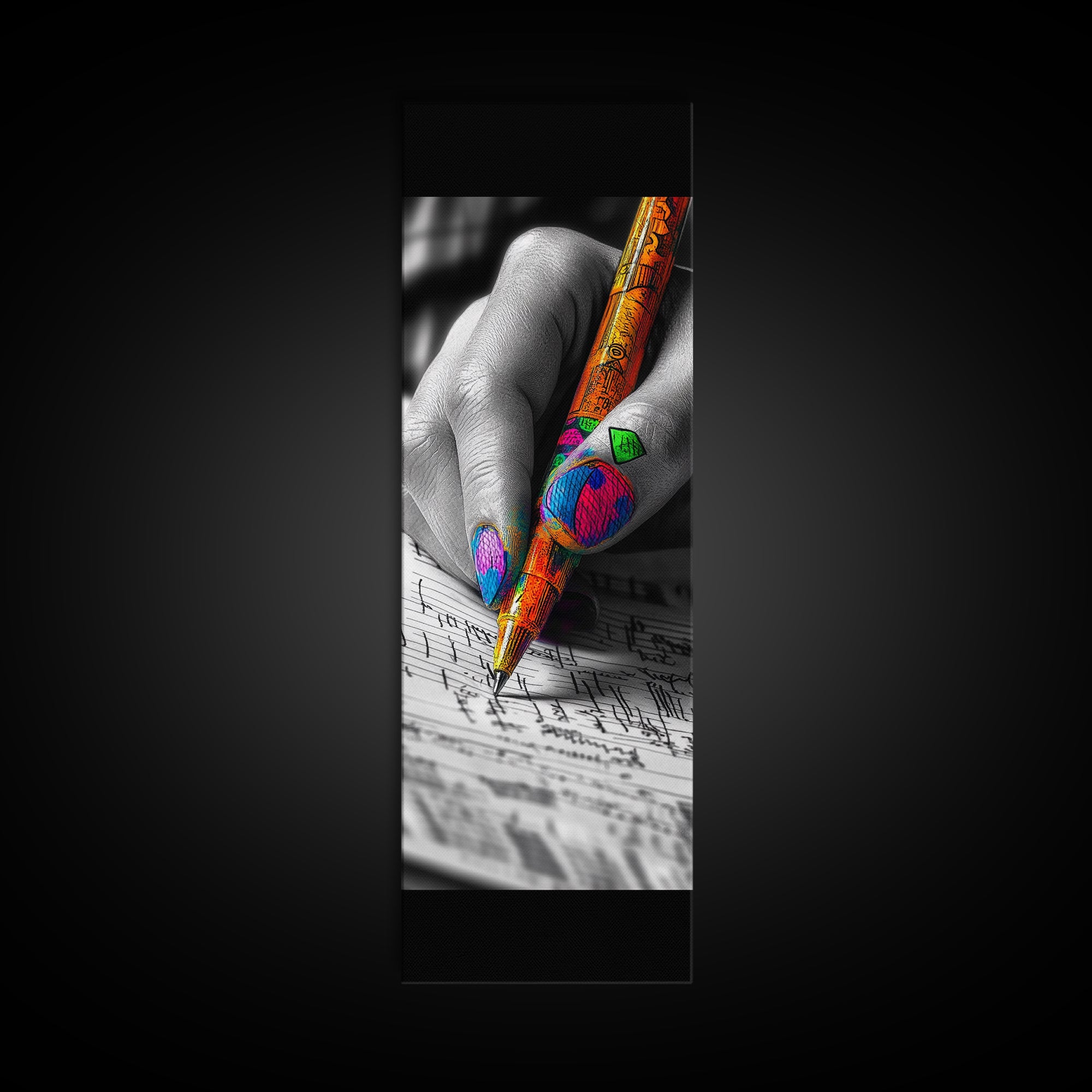 Vibrant Nails, Artistic Pen, Writing Closeup, Framed Canvas Print, Bold Office Wall Art, Pop Art Style, Creative Studio Decor