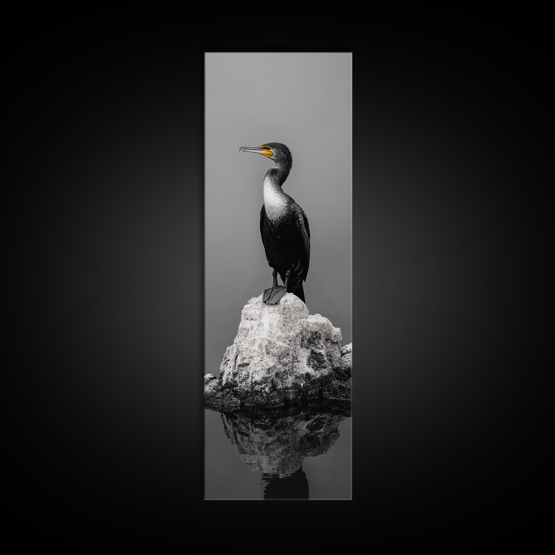 Cormorant Bird, Coastal Bird Art, Water Bird, Minimal Nature Art, Black and White Wildlife, Framed Canvas Print, Modern Entryway Wall Art