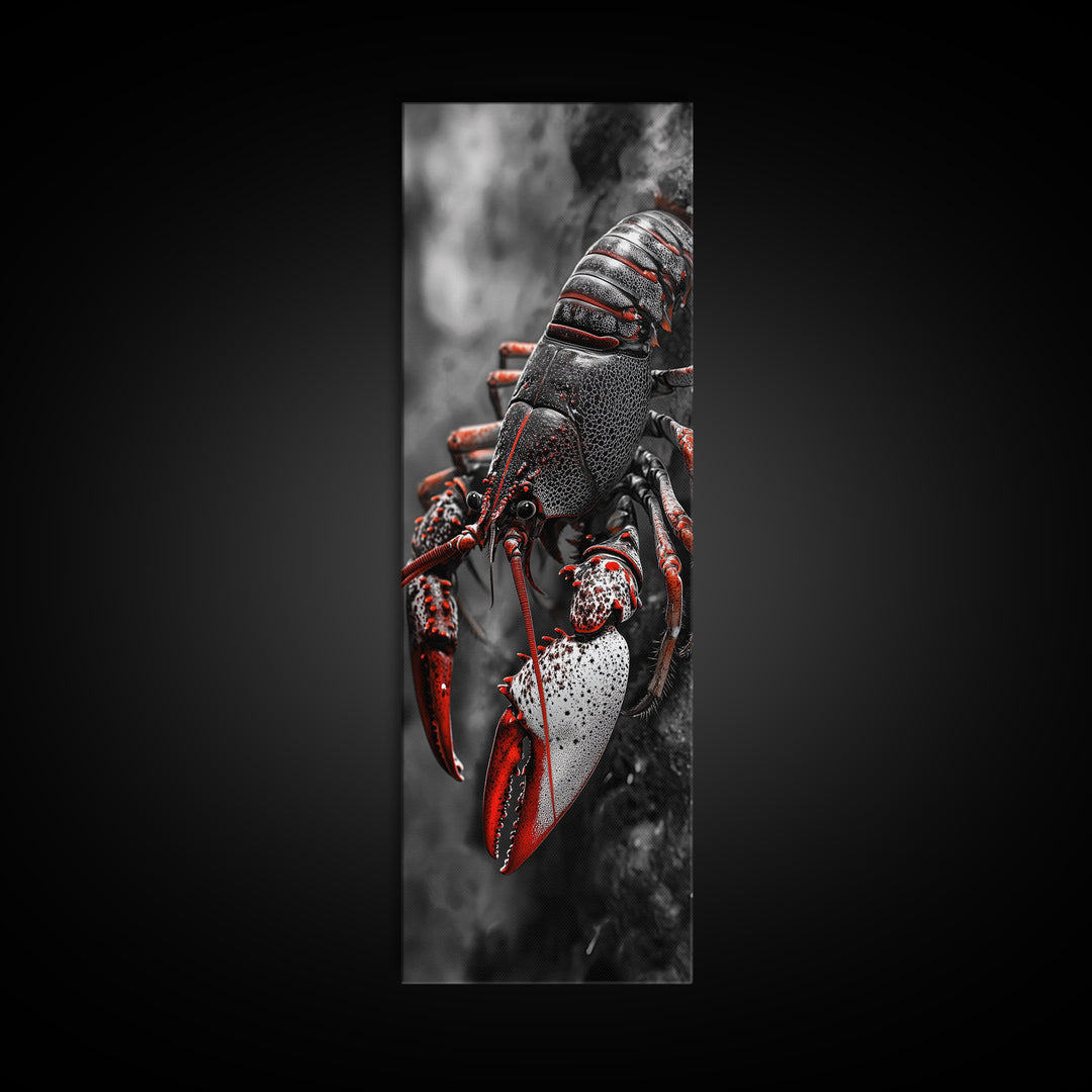 Red Lobster, Detailed Sea Art, Macro Crustacean, Dark Marine Art, Striking Coastal Piece, Framed Canvas Print, Moody Office Wall Decor