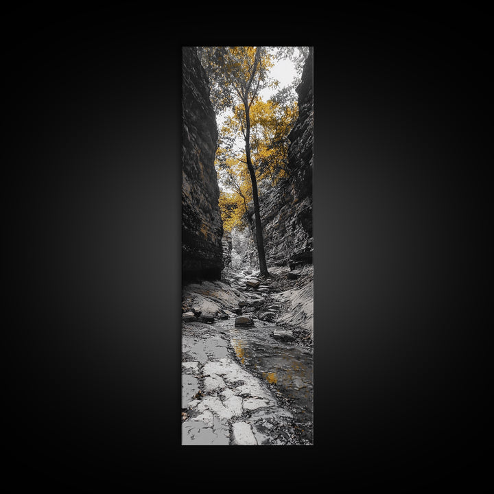 Autumn Gorge, Fall Stream, Yellow Trees, Nature Canyon Trail, Framed Canvas Print, Rustic Hallway Decor, Cozy Autumn Living Room Art