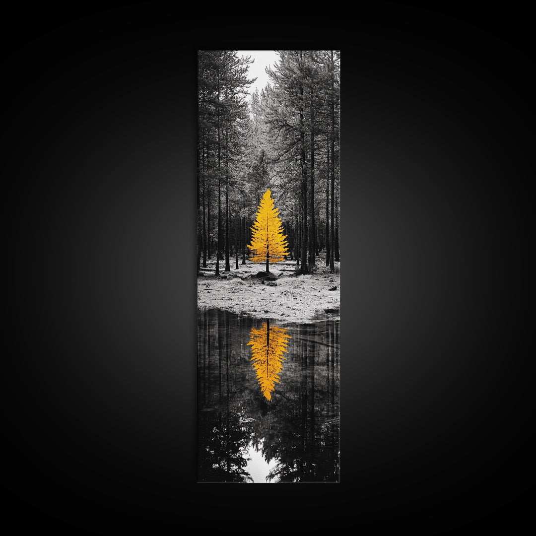 Golden Tree, Forest Reflection, Autumn Solitude, Nature Focused Minimalism, Framed Canvas Print, Zen Bathroom or Office Wall Art