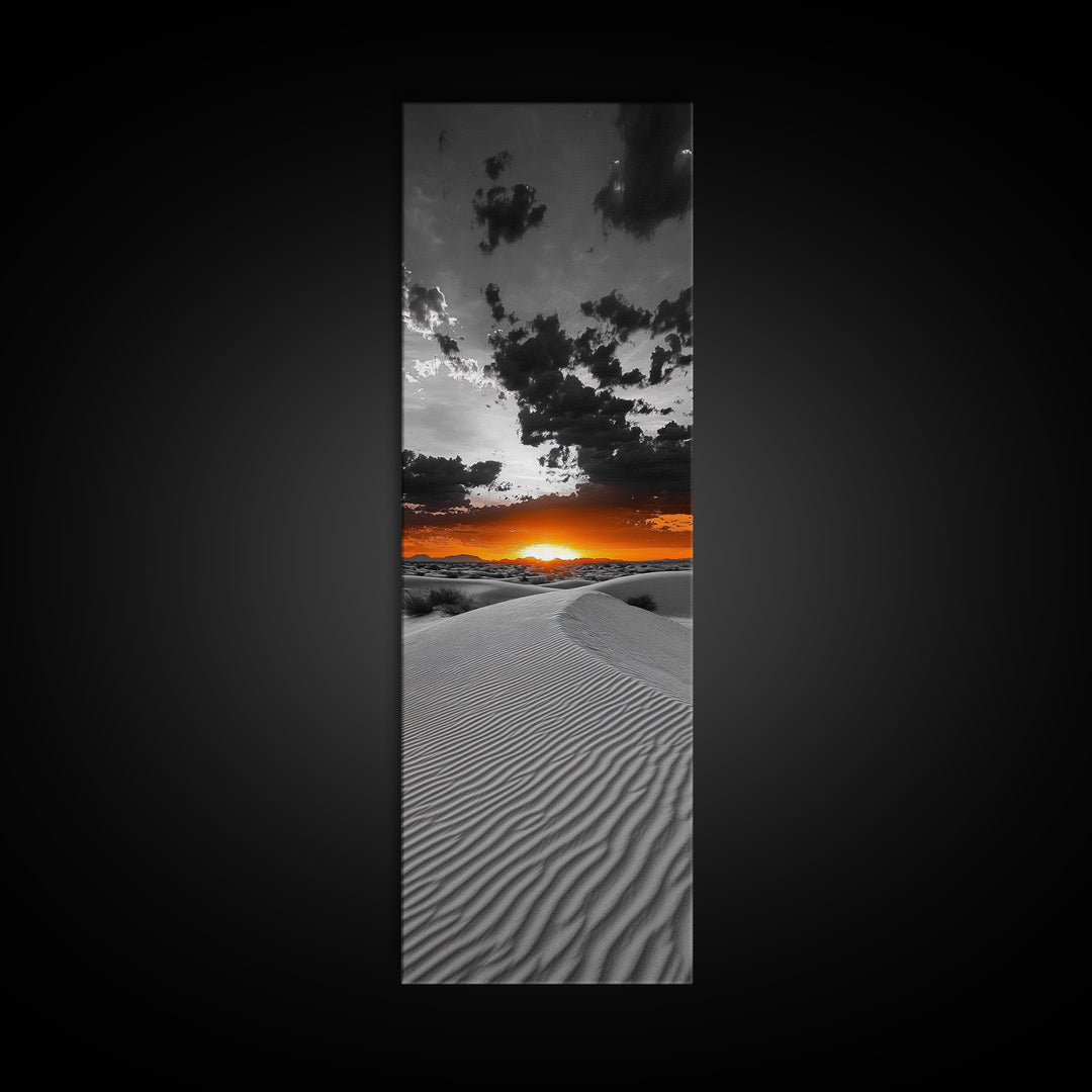 Desert Sunset, Sand Dunes, Fiery Horizon, Dramatic Sky, Framed Canvas Print, Modern Living Room Wall Art, Boho Earth Tone Decor