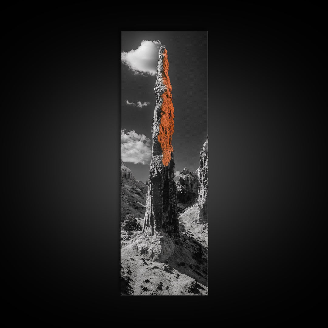 Orange Spire, Desert Rock, Natural Monument, High Contrast Landscape, Framed Canvas Print, Rustic Office Wall Art, Fall Desert Decor