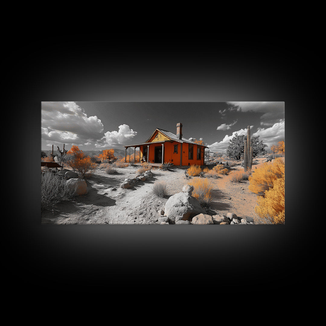 Desert Cabin, Rustic Southwest, Boho Landscape, Autumn Decor, Framed Canvas Print, Living Room Wall Art, Warm Earth Tones, Western Vibes