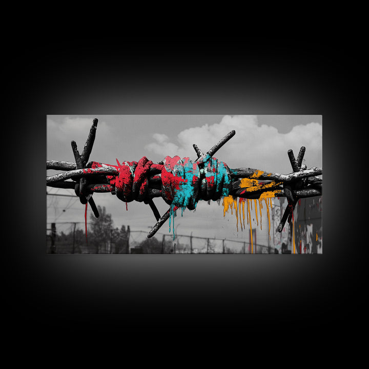 Barbed Wire, Graffiti Art, Urban Street Style, Grunge Decor, Framed Canvas Print, Industrial Wall Art, Dripping Paint, Mixed Media Style