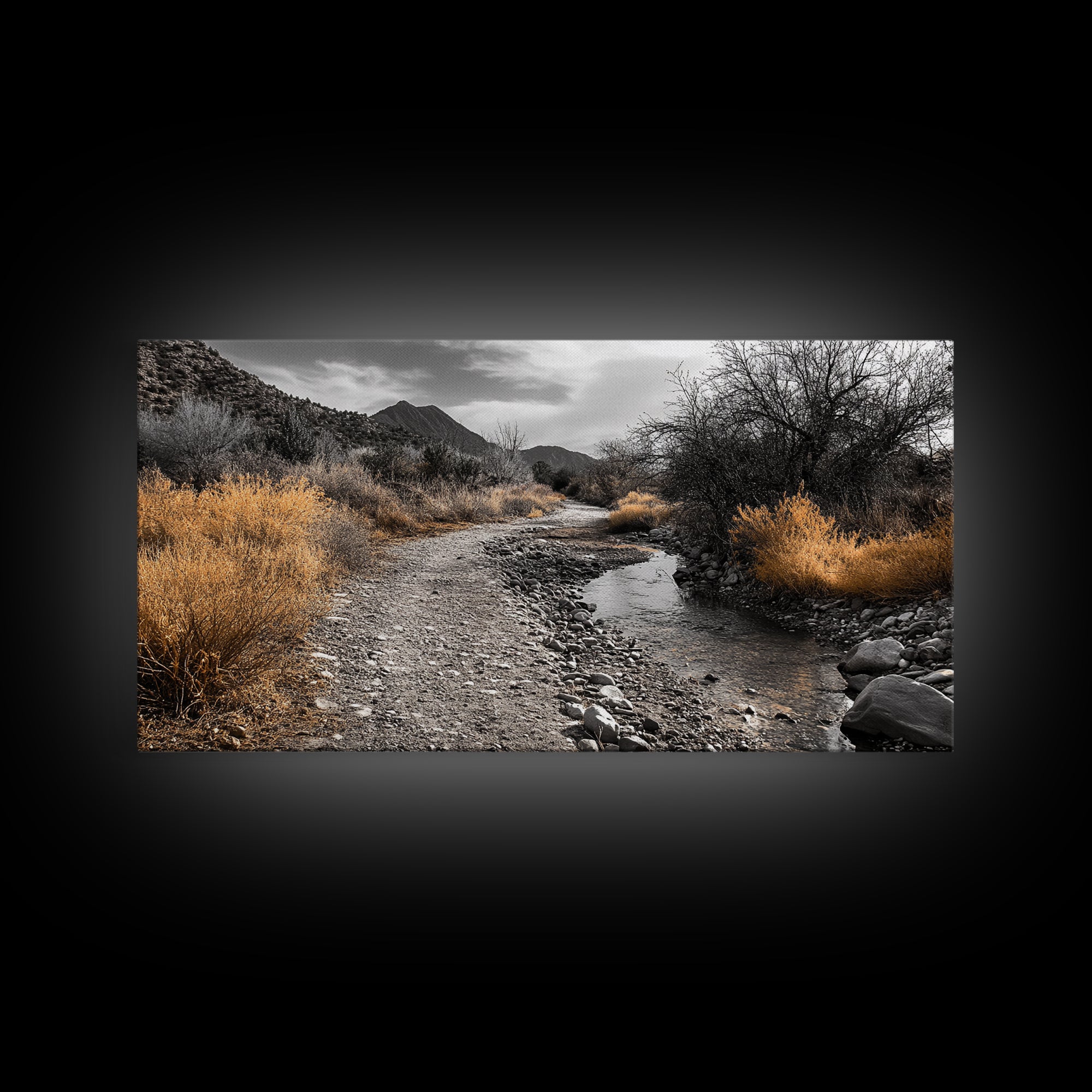 Autumn Path, Golden Bushes, Seasonal Stream, Fall Foliage, Framed Canvas Print, Cozy Entryway Decor, Rustic Wall Art, Nature Inspired