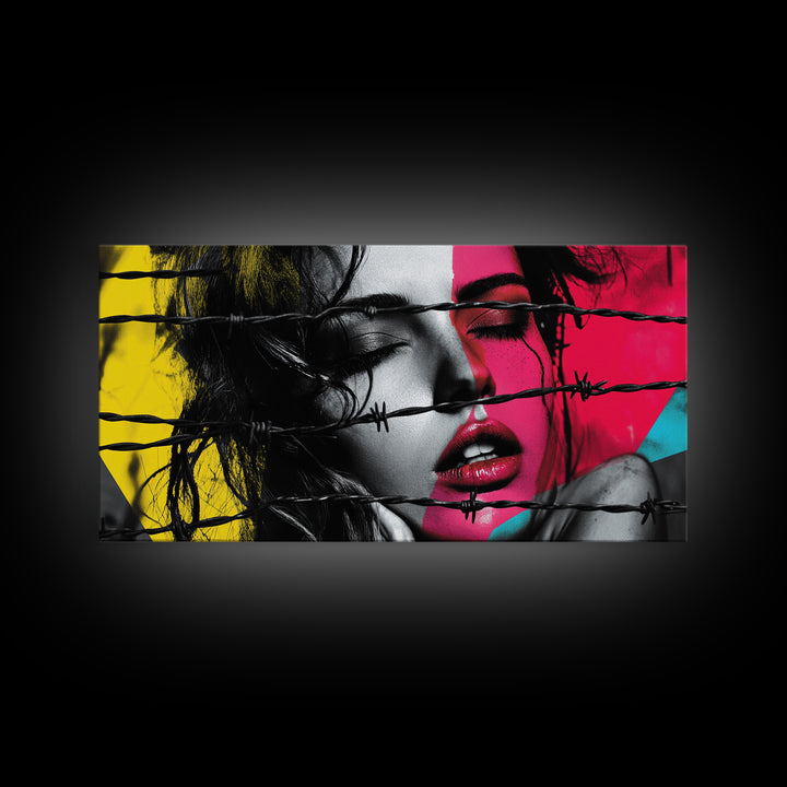 Barbed Beauty, Pop Art Woman, Bold Portrait, Emotional Wall Decor, Framed Canvas Print, Bedroom Wall Art, Modern Graffiti Style, Urban Pop