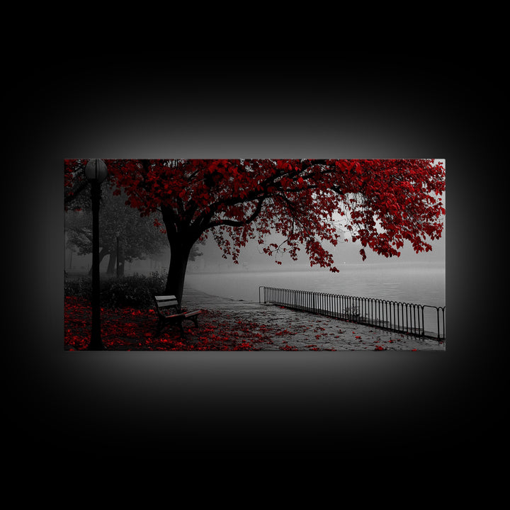 Autumn Bench, Leaves, Foggy park serenity meets bold red leaves in this Framed Canvas Print, ideal Autumn Bedroom Wall Art, Entryway Decor