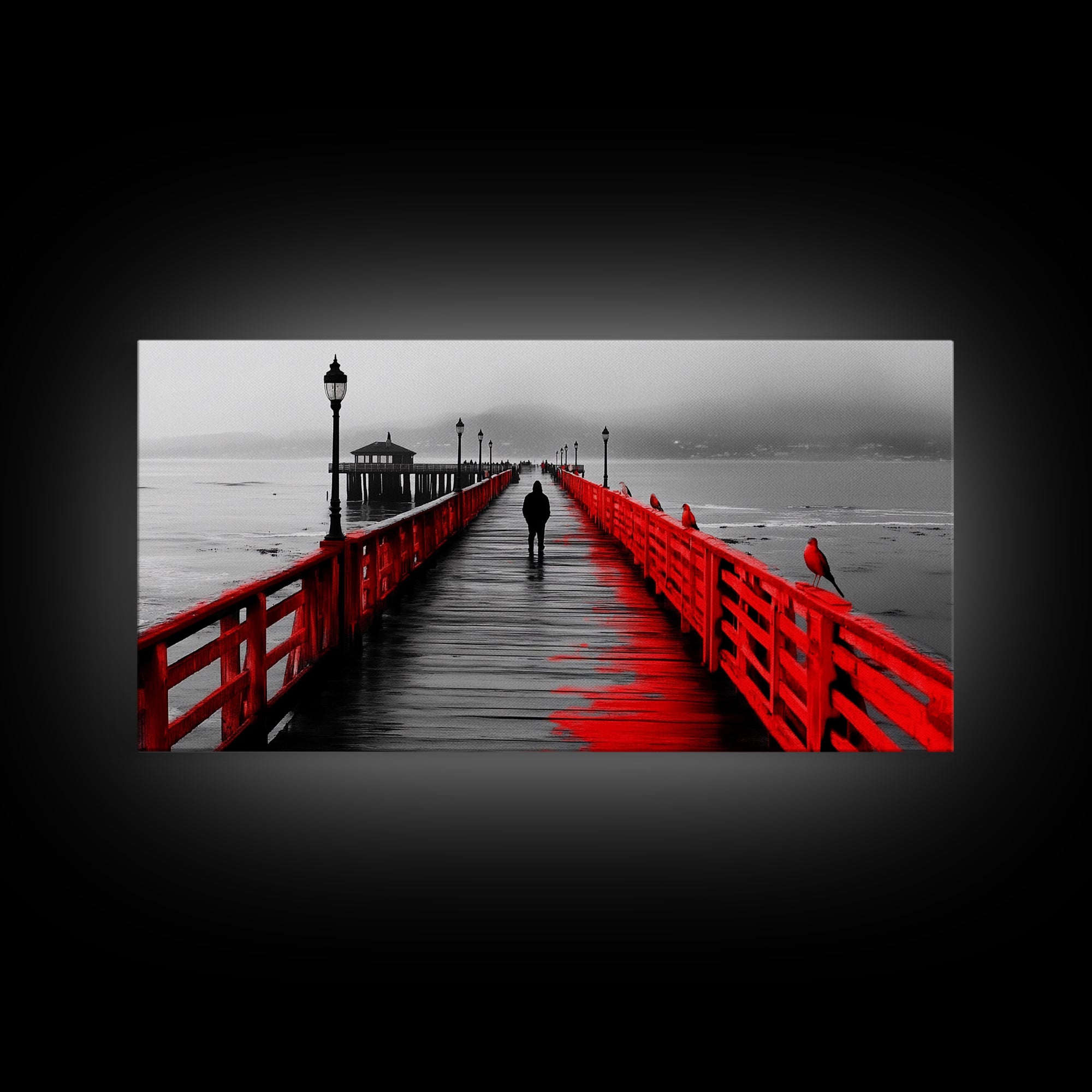 Pier, Red Railings, Fog, Lonely walk down a vivid red pier into the mist in this Framed Canvas Print, Coastal Decor, Minimalist Wall Art