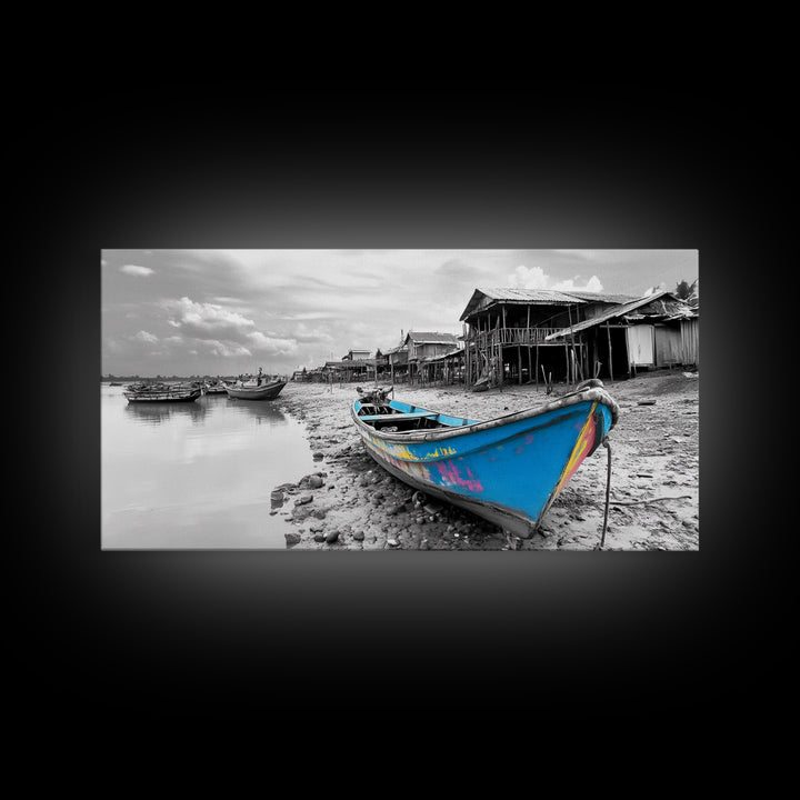 Blue Boat, Shore Village, Coastal Charm, Framed Canvas Print, Rustic Fishing Art, Seaside Home Decor, Nautical Style, Ocean Wall Art