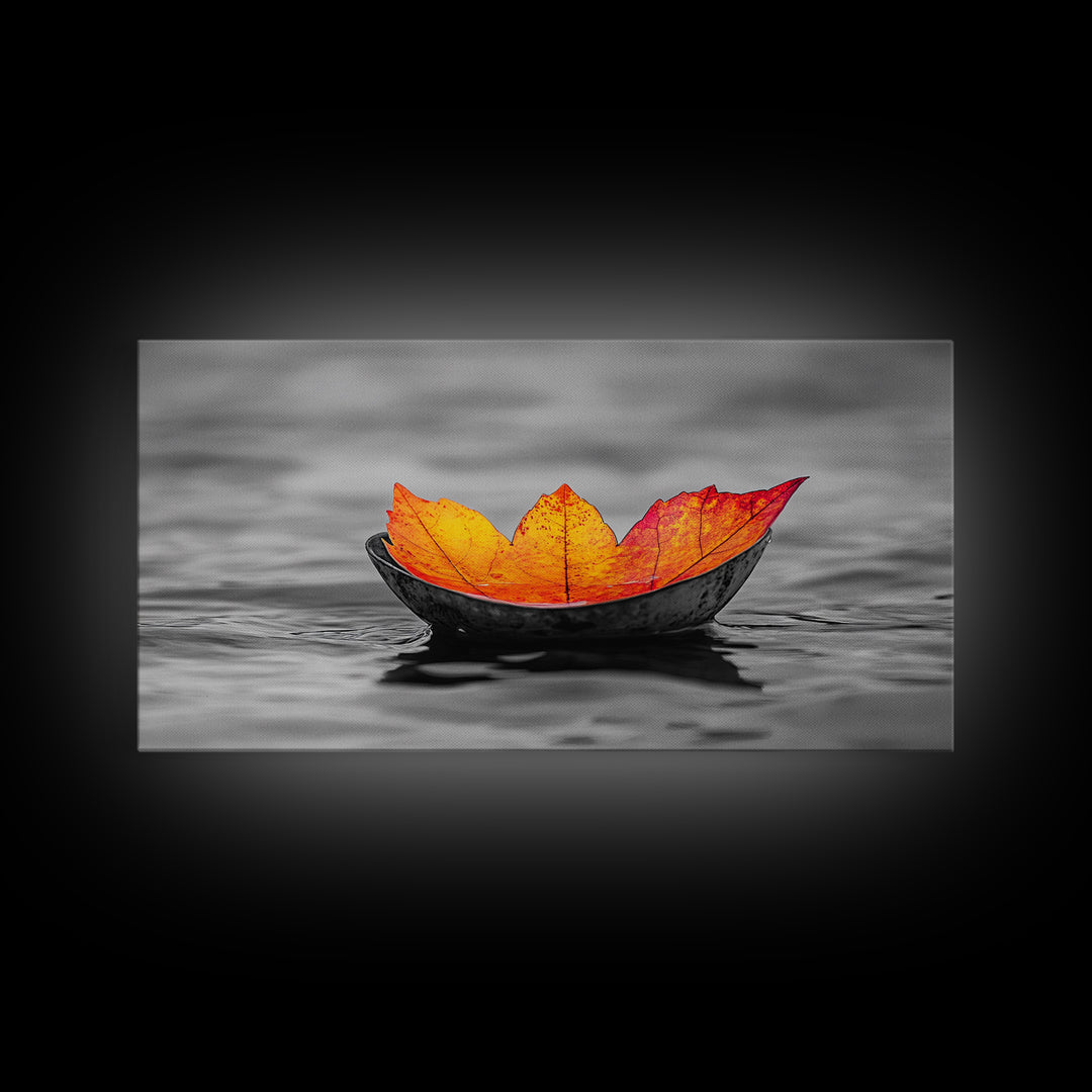 Autumn Leaf, Floating Bowl, Red Yellow Decor, Framed Canvas Print, Cozy Fall Art, Thanksgiving Wall Art, Kitchen Decor, Minimalist Style