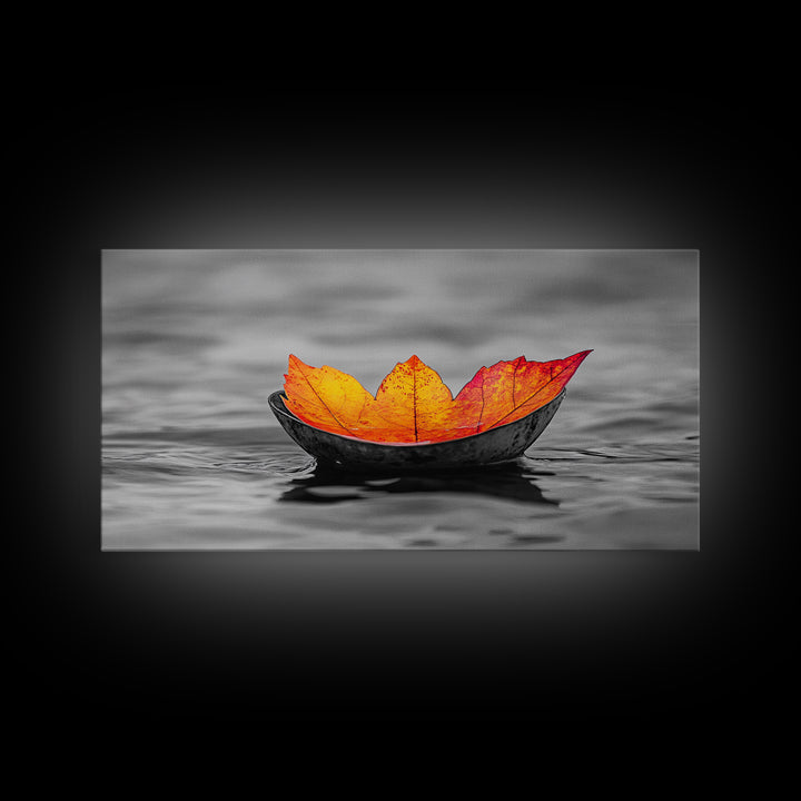 Autumn Leaf, Floating Bowl, Red Yellow Decor, Framed Canvas Print, Cozy Fall Art, Thanksgiving Wall Art, Kitchen Decor, Minimalist Style