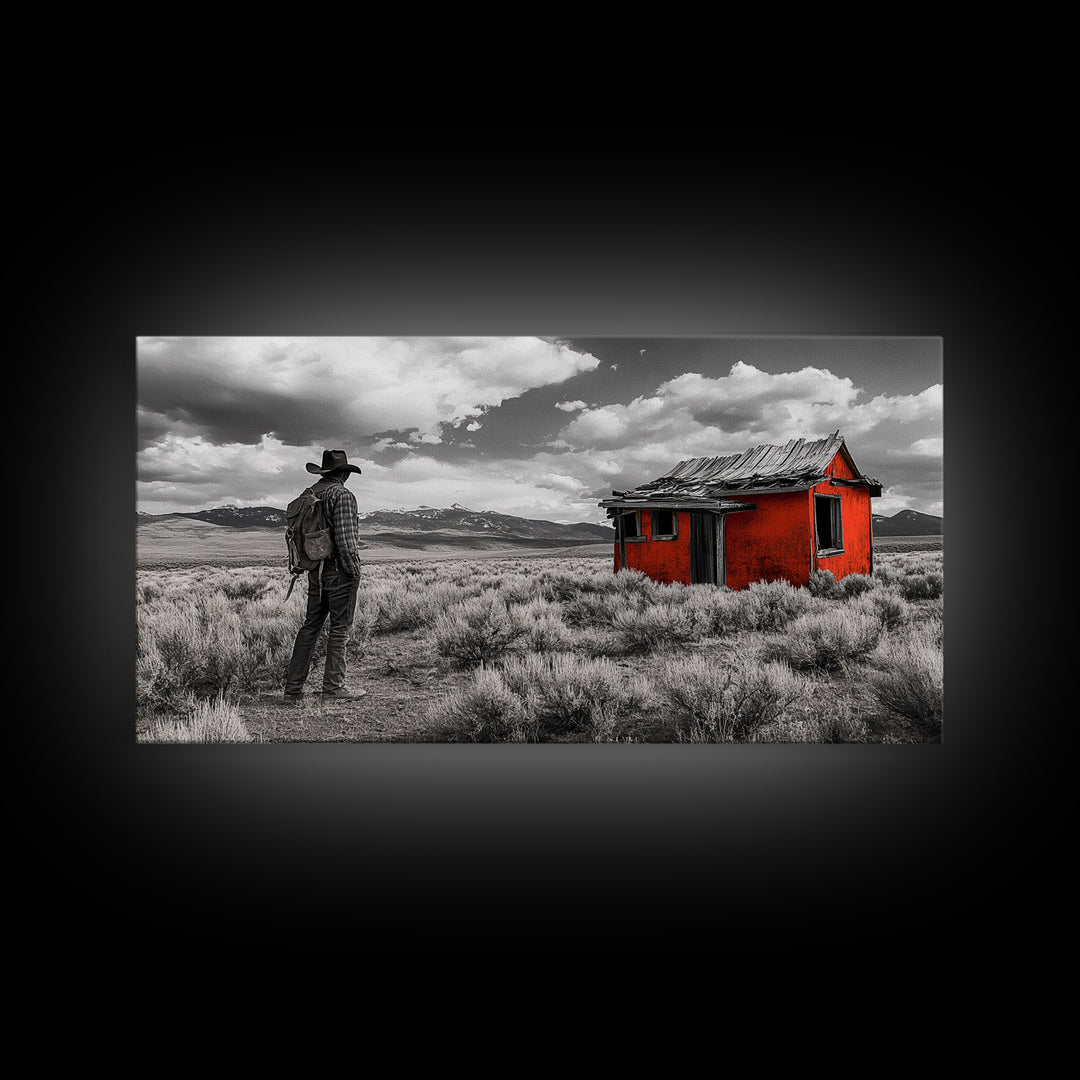 Cowboy Life, Red Shack, Desert Scene, American West, Canvas Print, Rustic Western Decor, Man Cave Wall Art, Adventure Aesthetic