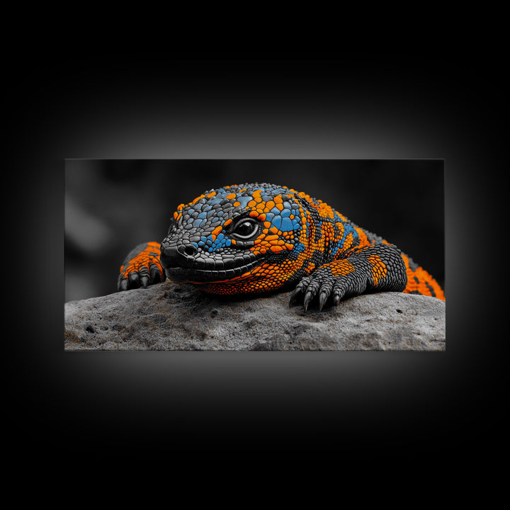 Colorful Lizard, Wildlife Closeup, Exotic Creature, Nature Bold, Framed Canvas Print, Reptile Lover Gift, Office Wall Art, Vibrant Wildlife Art