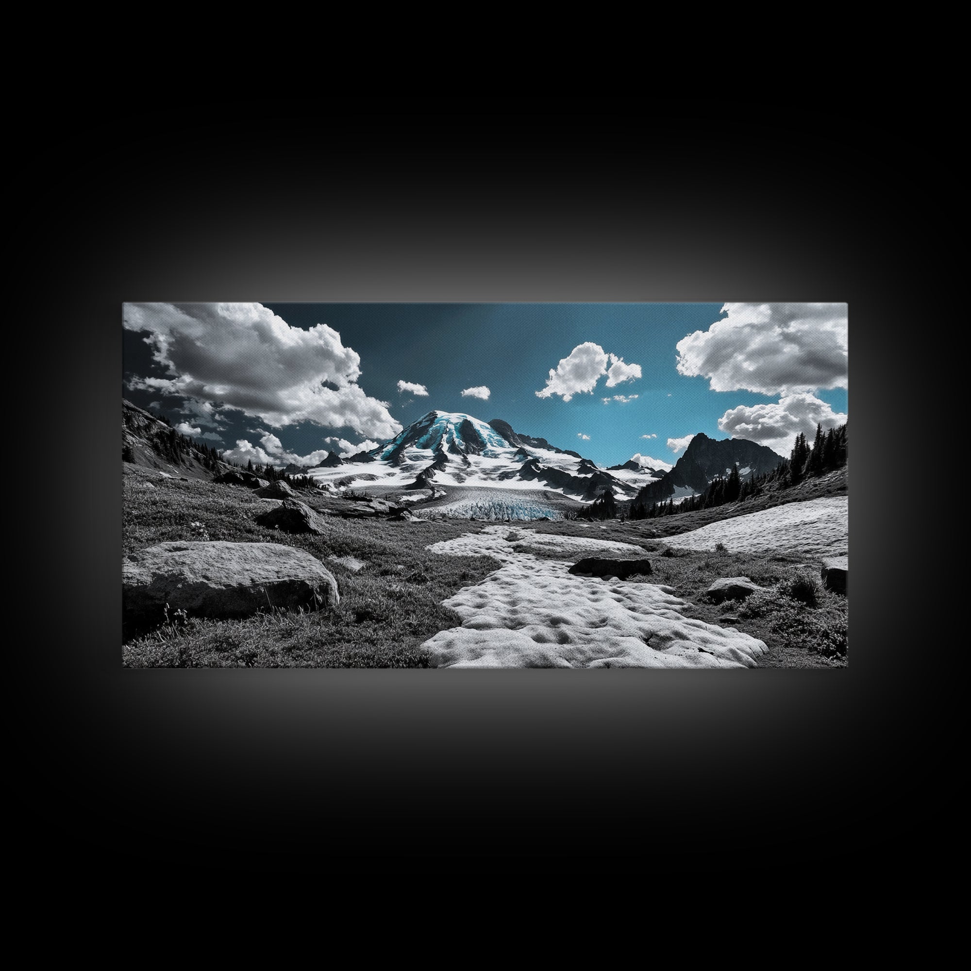 Blue Sky, Glacial Mountain, Winter Landscape, Nature Scene, Framed Canvas Print, Cabin Wall Art, Snowy Hiking Trail, Minimalist Nature Art