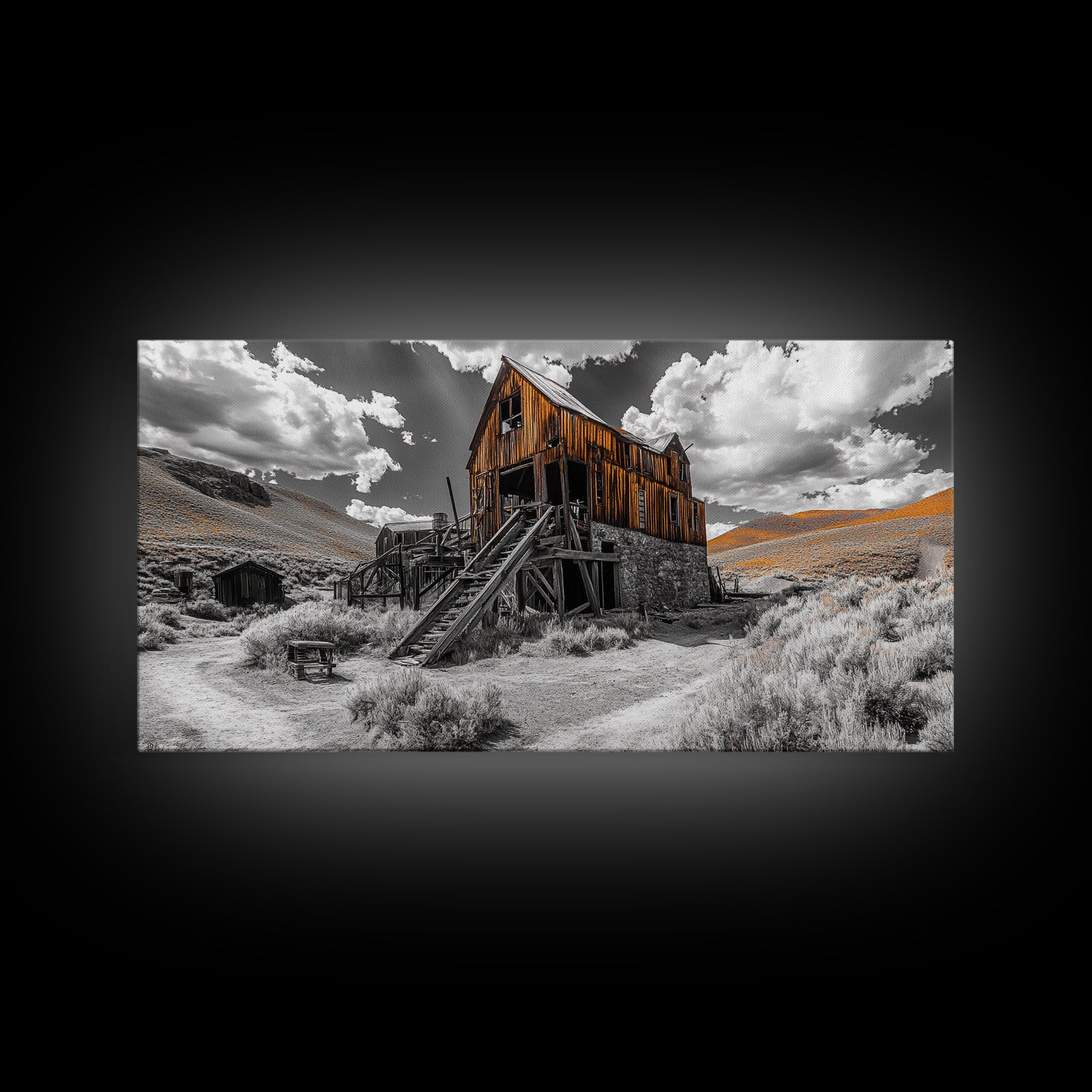 Desert Barn, Rustic Landscape, Western Vibes, Autumn Glow, Framed Canvas Print, Farmhouse Wall Art, Abandoned Homestead Photography