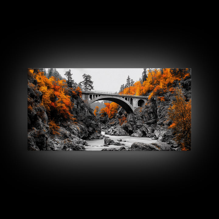 Autumn Bridge, River Gorge, Rustic Nature, Fall Trees, Framed Canvas Print, Cabin Wall Art, Seasonal Decor, Scenic Travel Landscape
