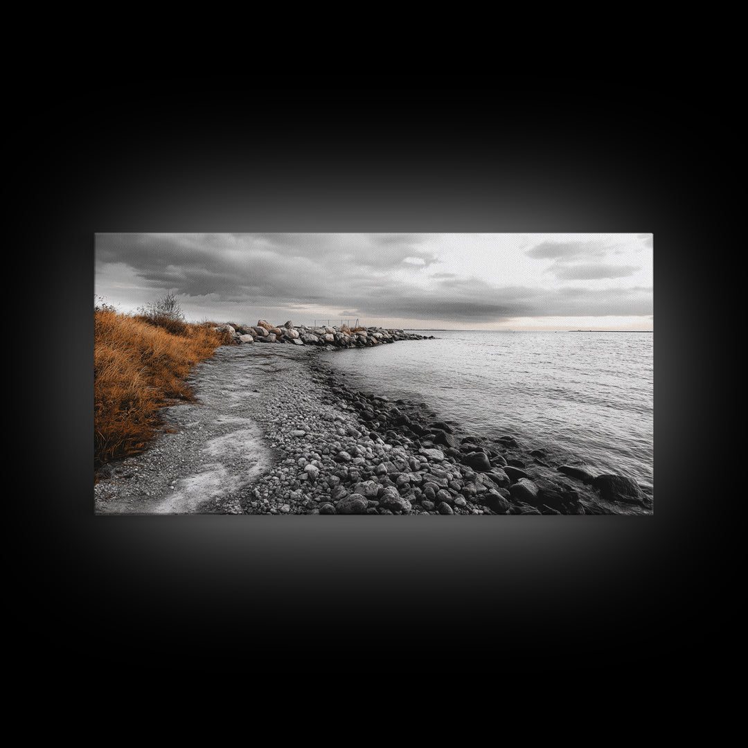 Coastal Path, Stormy Shore, Serene View, Monochrome Mood, Framed Canvas Print, Beach Wall Art, Peaceful Nature, Seaside Photography Decor