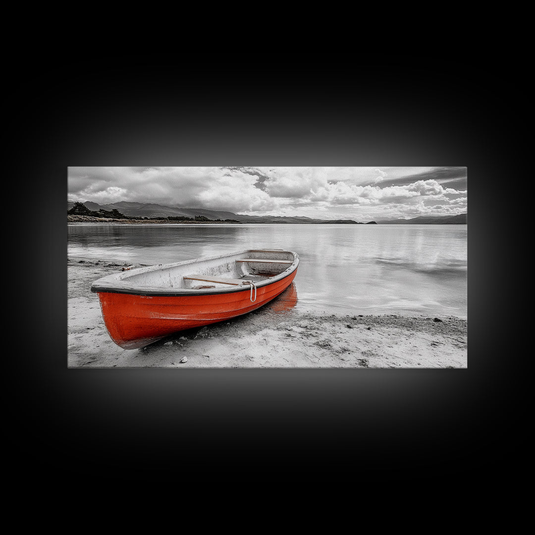 Beached Boat, Calm Waters, Cloudy Horizon, Serene Coastline, Framed Canvas Print, Coastal Wall Art, Minimalist Home Decor, Beach House