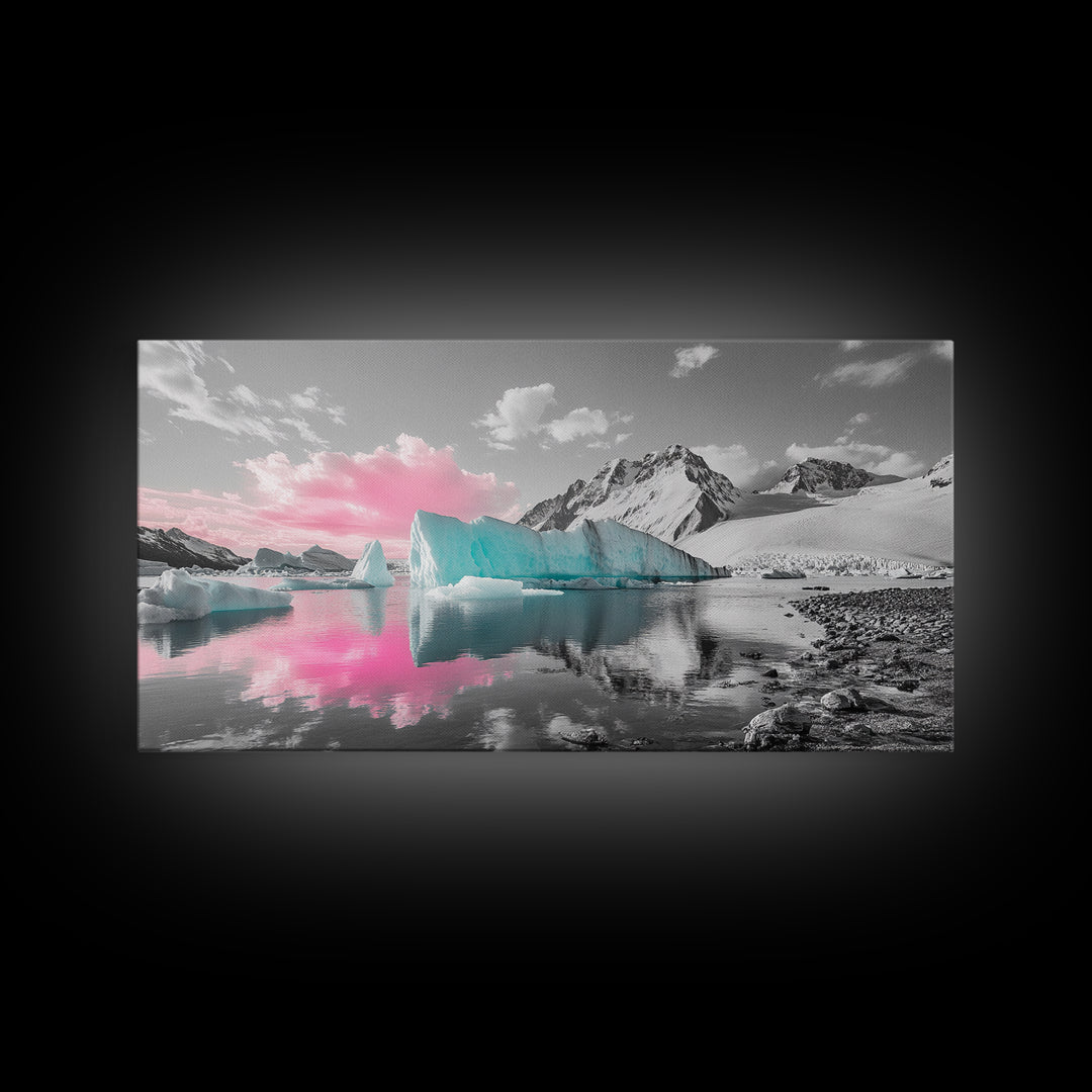Blue Icebergs, Pink Sky, Glacial Lake, Arctic Dreamscape – Canvas Print, Nature Photography Art, Bedroom Wall Art, Serene Winter Decor