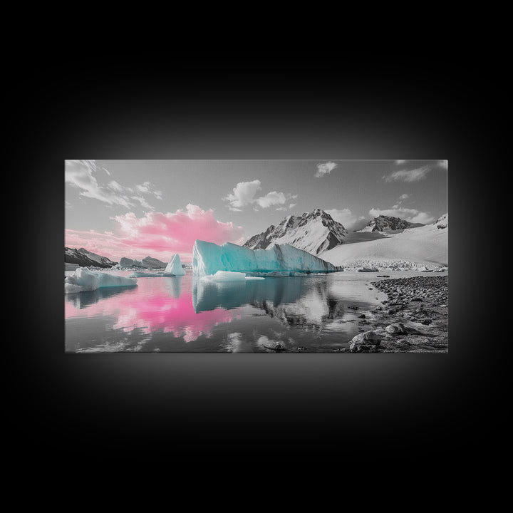 Blue Icebergs, Pink Sky, Glacial Lake, Arctic Dreamscape – Canvas Print, Nature Photography Art, Bedroom Wall Art, Serene Winter Decor