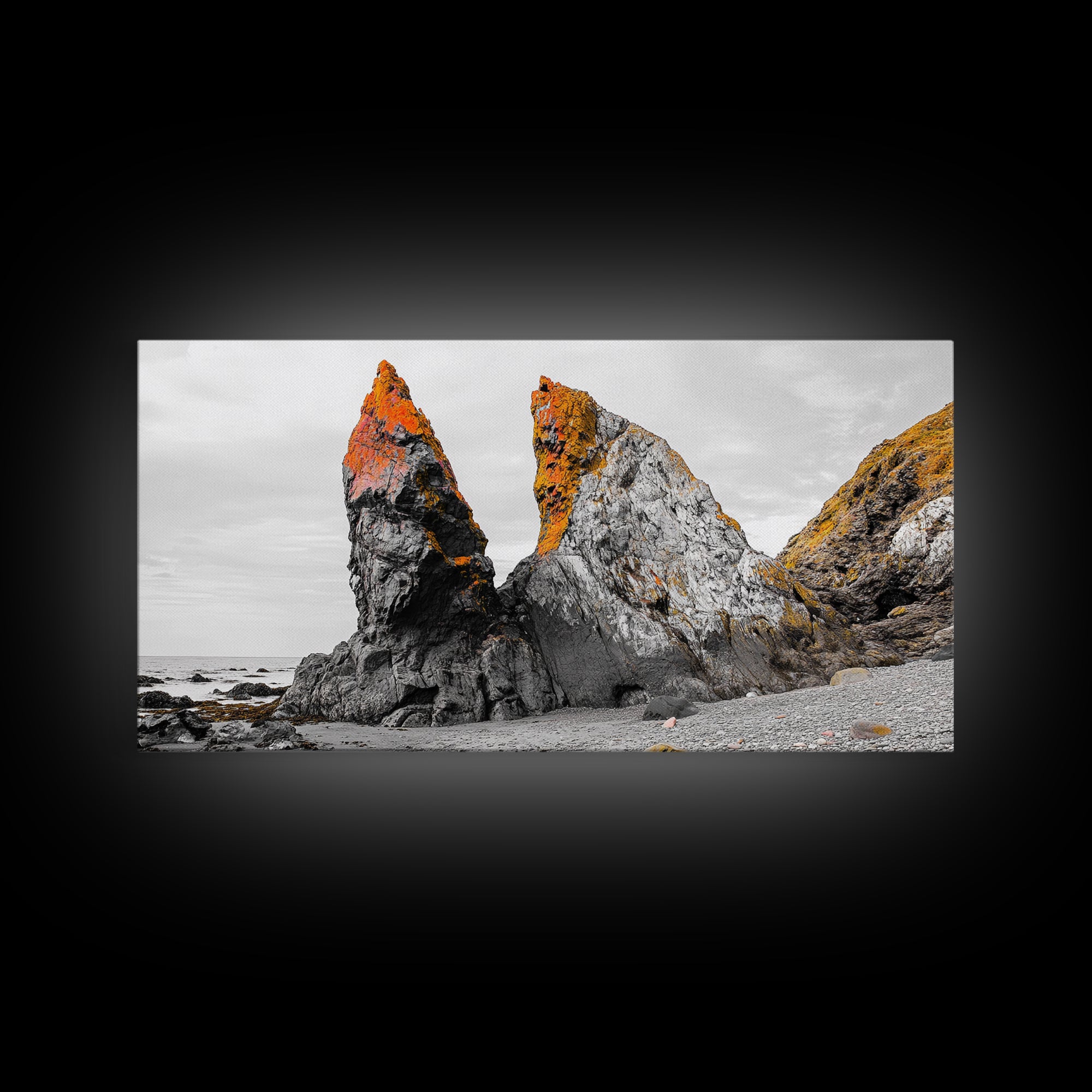 Rocky Cliffs, Orange Moss, Ocean Landscape, Coastal Vibe – Framed Canvas Print, Nature Wall Art, Fall Inspired Decor, Bathroom or Hallway