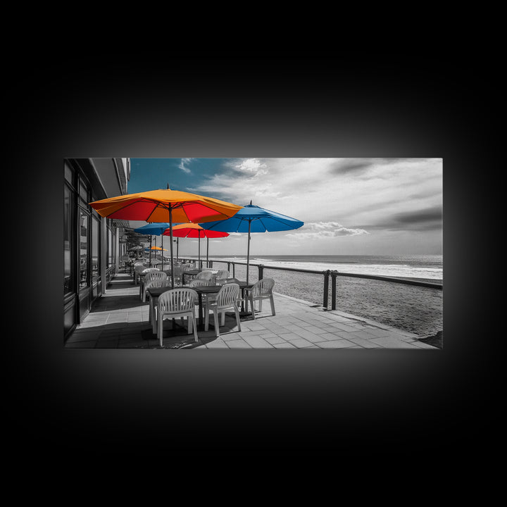 Ocean Café, Coastal Dining, Bright Umbrellas, Seaside View, Framed Canvas Print, Kitchen Wall Art, Beachfront Vibe, Color Pop Style