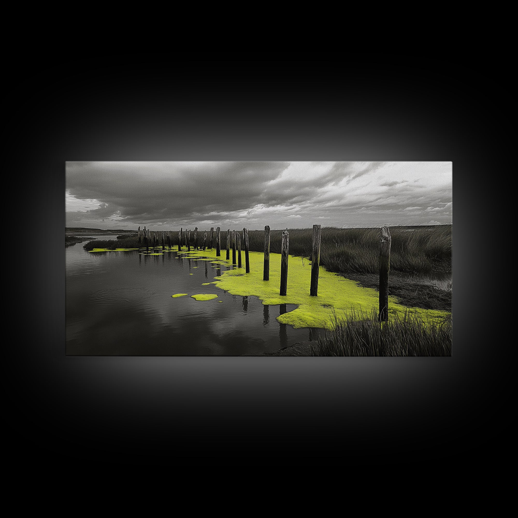 Coastal Marsh, Minimalist Nature, Black and White Art, Modern Decor, Framed Canvas Print, Bathroom Wall Art, Yellow Accents, Serene Mood
