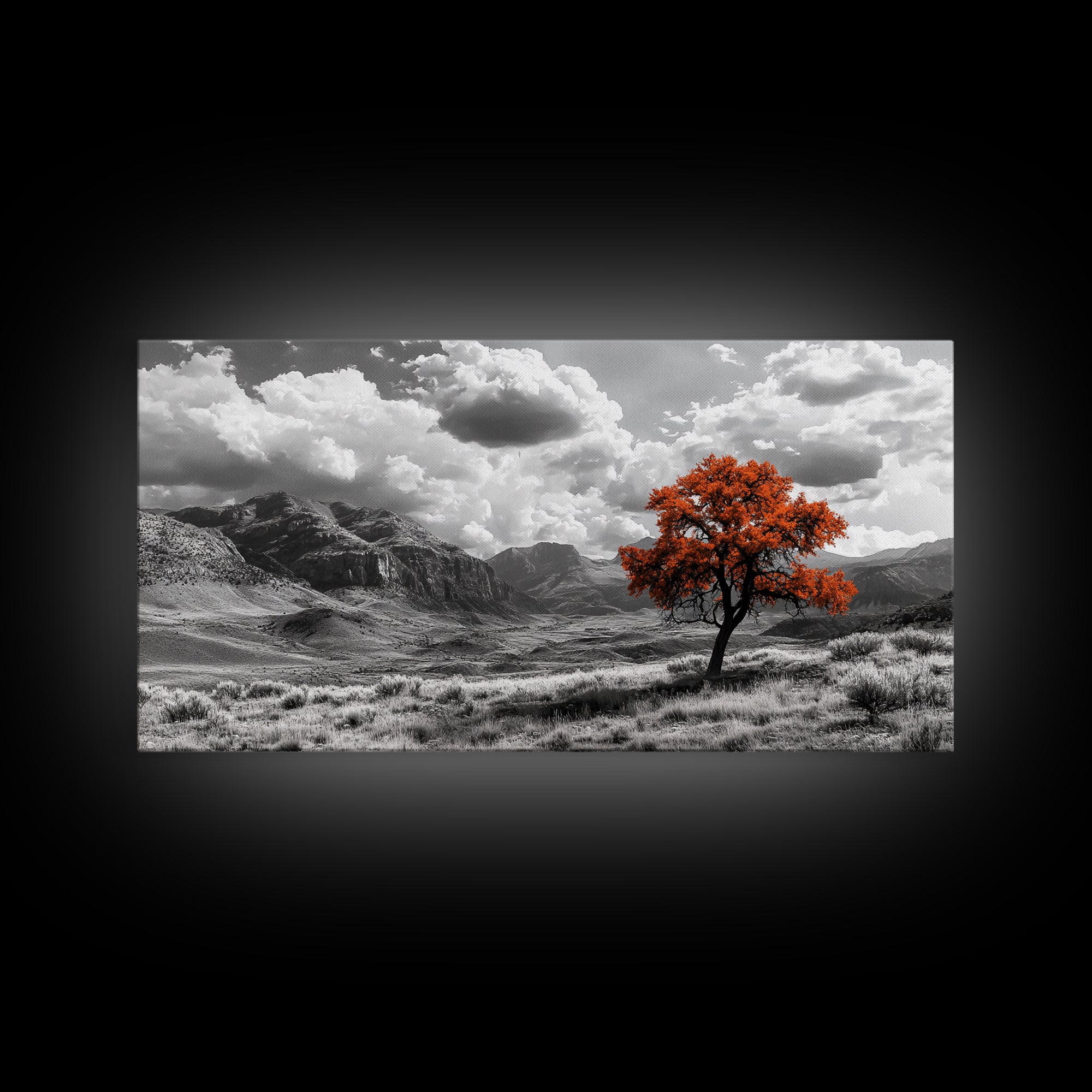 Autumn Tree Vista, Western Mountains Landscape, Vibrant Fall Decor, Dramatic Skies Canvas Print, Framed Canvas Print, Nature Wall Art