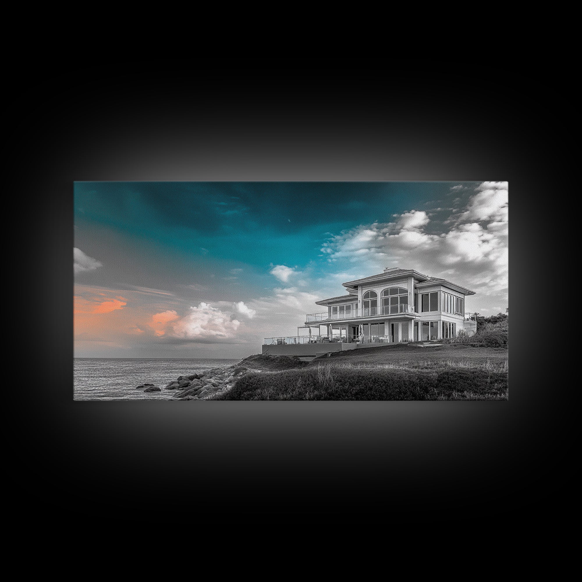 Beach House, Coastal Sunset, Ocean View, Framed Canvas Print, Modern Coastal Decor, Living Room Art, Ocean Sky Photography