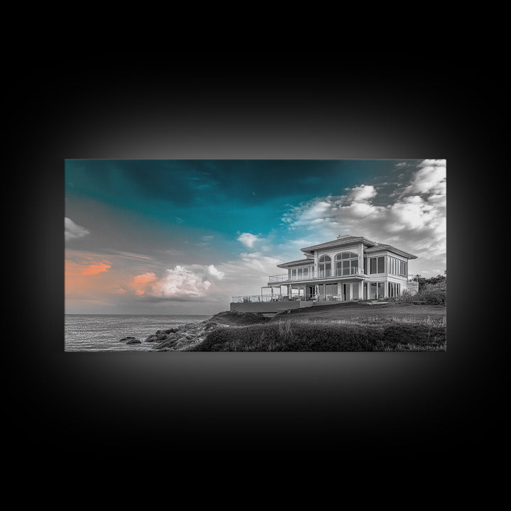 Beach House, Coastal Sunset, Ocean View, Framed Canvas Print, Modern Coastal Decor, Living Room Art, Ocean Sky Photography