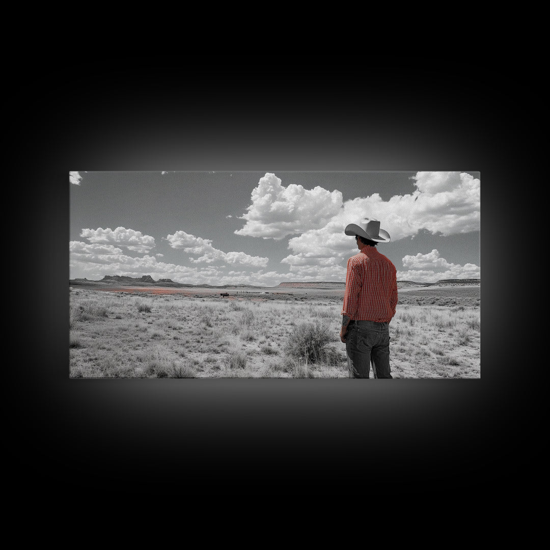 Cowboy Stare, Western Horizon, Desert Dream, American Spirit, Framed Canvas Print, Rustic Bedroom Art, Country Wall Decor, Western Style