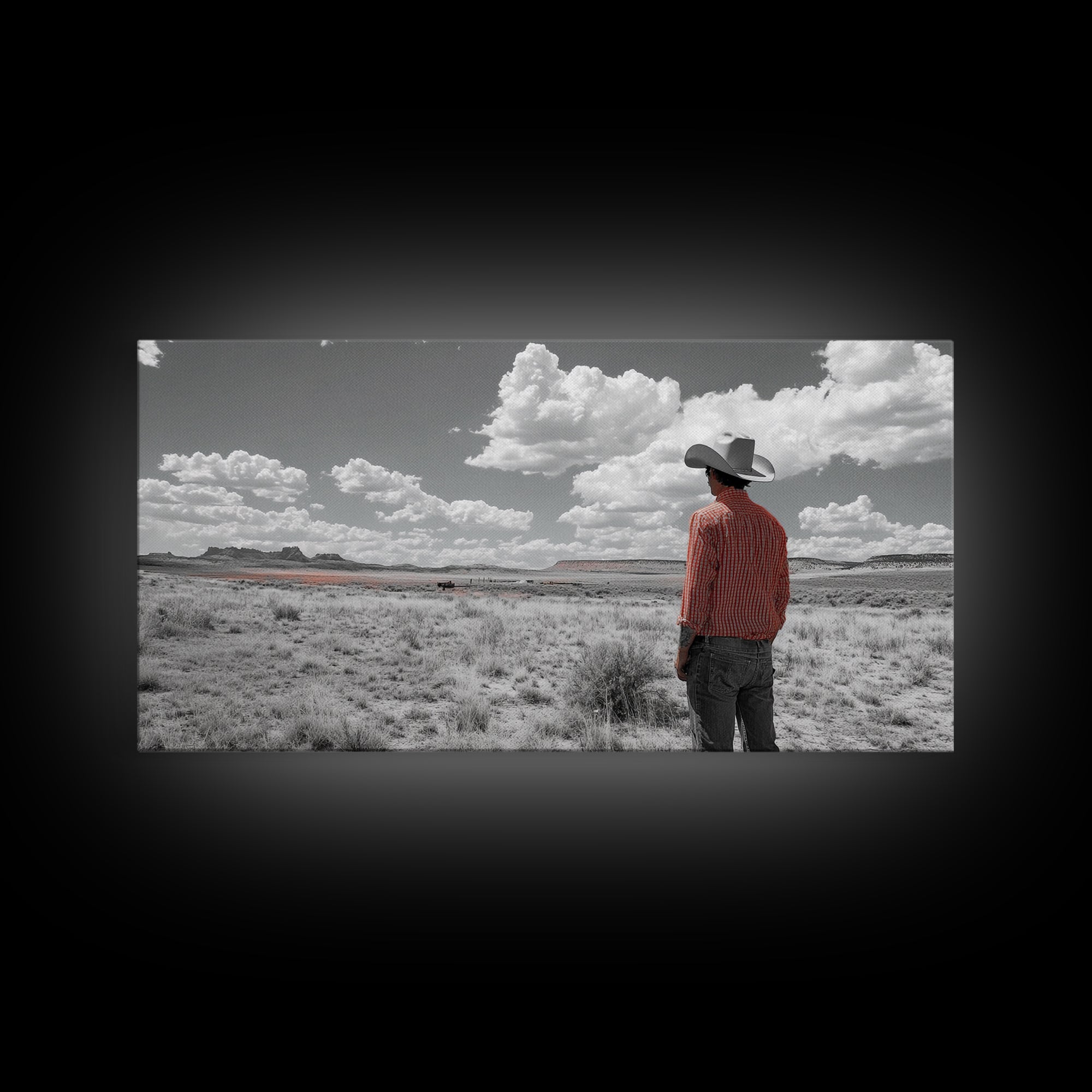 Cowboy Stare, Western Horizon, Desert Dream, American Spirit, Framed Canvas Print, Rustic Bedroom Art, Country Wall Decor, Western Style