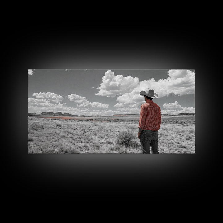 Cowboy Stare, Western Horizon, Desert Dream, American Spirit, Framed Canvas Print, Rustic Bedroom Art, Country Wall Decor, Western Style