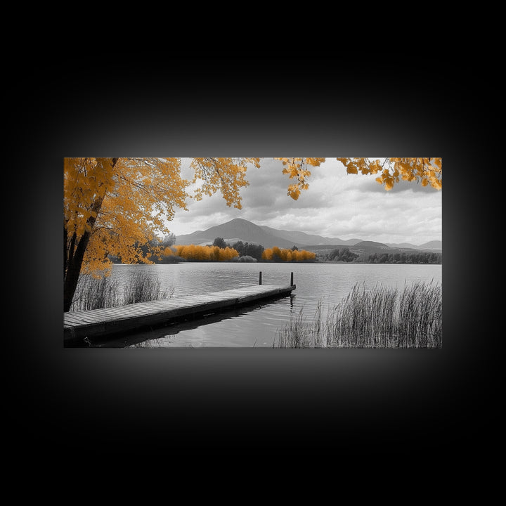 Autumn Lake, Golden Trees, Mountain Calm, Rustic Dock, Framed Canvas Print, Fall Living Room Art, Nature Landscape, Tranquil Cabin Decor